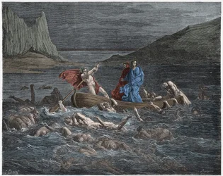Inferno, Canto 8 : Phlegyas (Phlegias) för Dante och Vergilius över Styx, illustration från Den gudomliga komedin av Dante Alighieri, 1885 (digitalt färgat gravyr)